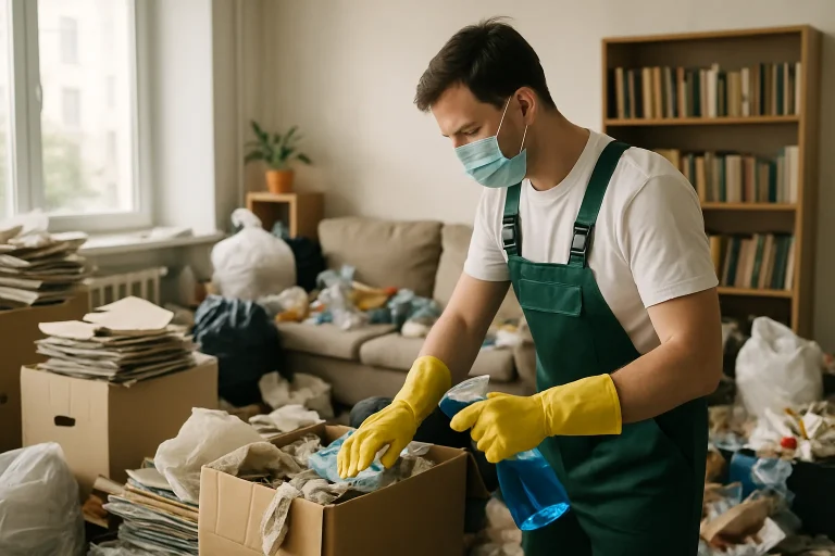 Intérieur encombré avec des déchets et des objets désordonnés, illustrant un besoin urgent de nettoyage.
