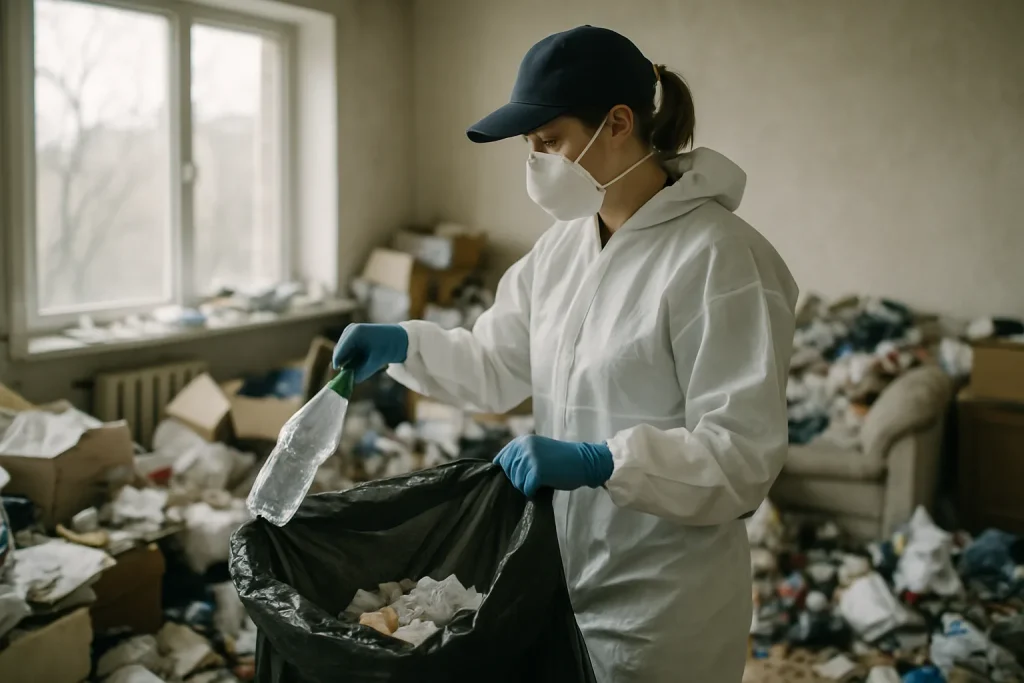 Une pièce encombrée de déchets avant un nettoyage approfondi à Neuville-Sur-Saone.