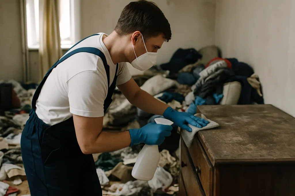 Une pièce en désordre avec des déchets et des meubles encombrants à Pire-Sur-Seiche.