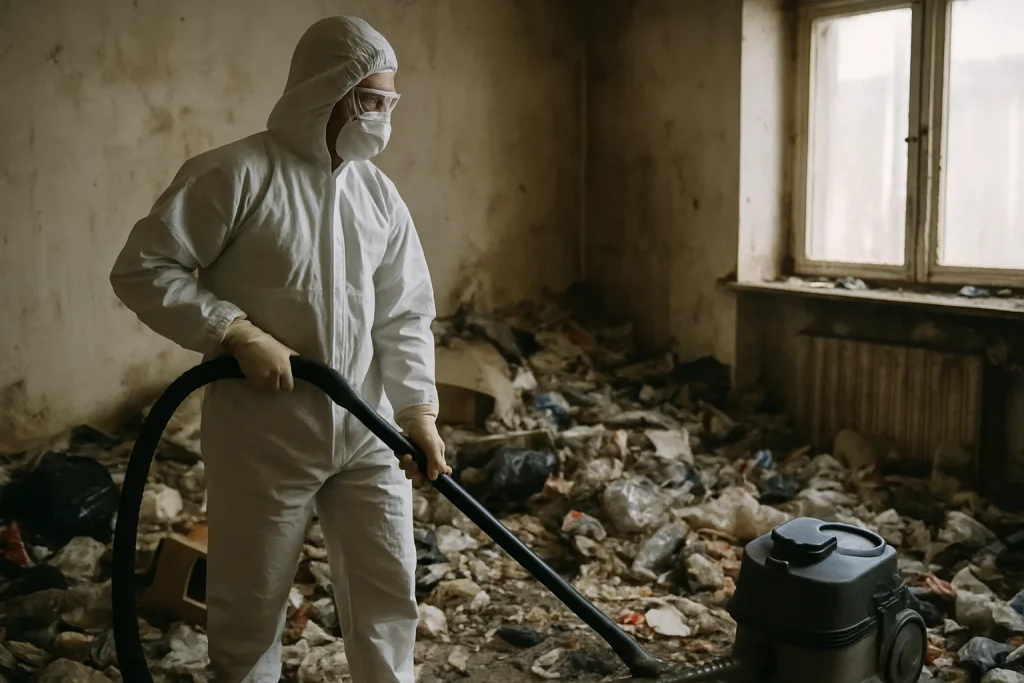 Équipe de nettoyage dans un appartement en désordre à Grand-Champ, montrant des déchets accumulés.