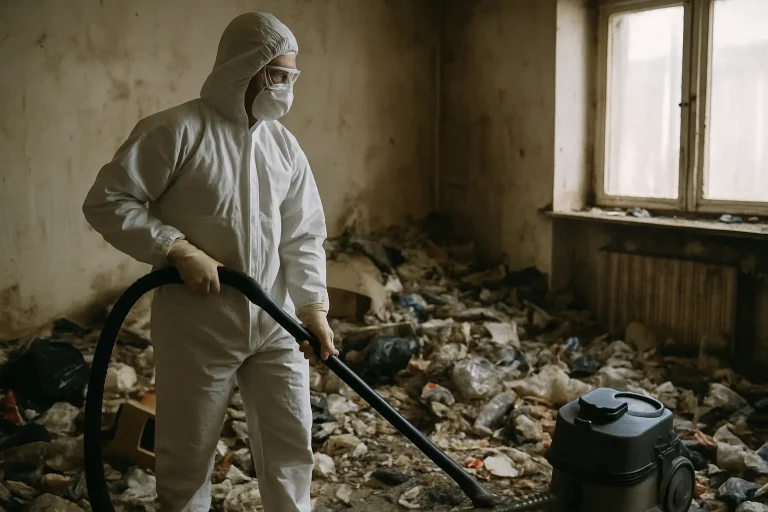 Équipe de nettoyage dans un appartement en désordre à Grand-Champ, montrant des déchets accumulés.