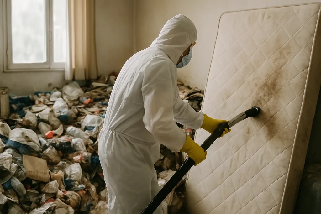 Appartement en désordre à Decines-Charpieu avant intervention de nettoyage.