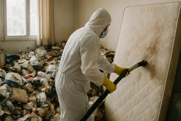 Appartement en désordre à Decines-Charpieu avant intervention de nettoyage.