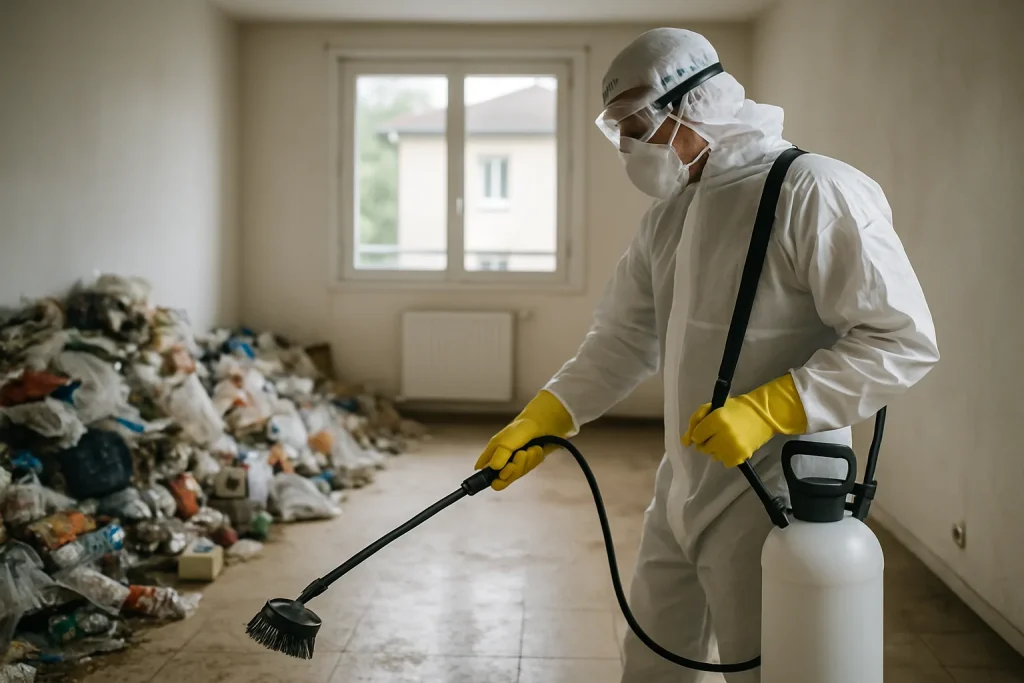 Une pièce à vivre en désordre nécessitant un nettoyage après diogène à Cognin.