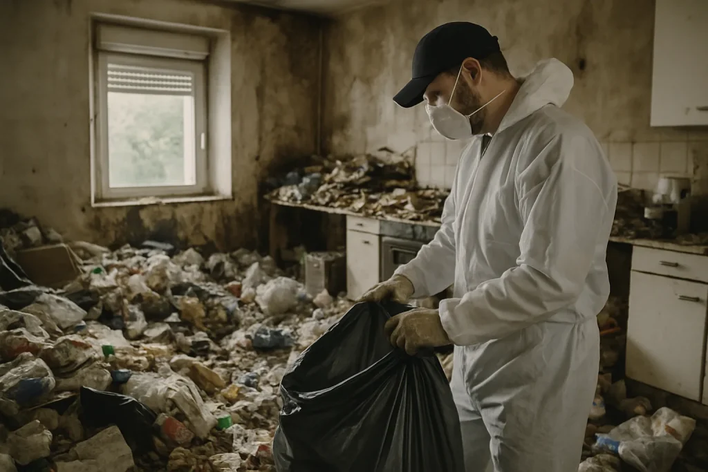 Appartement en désordre à Le-Pouzin, en cours de nettoyage avec des déchets à trier.