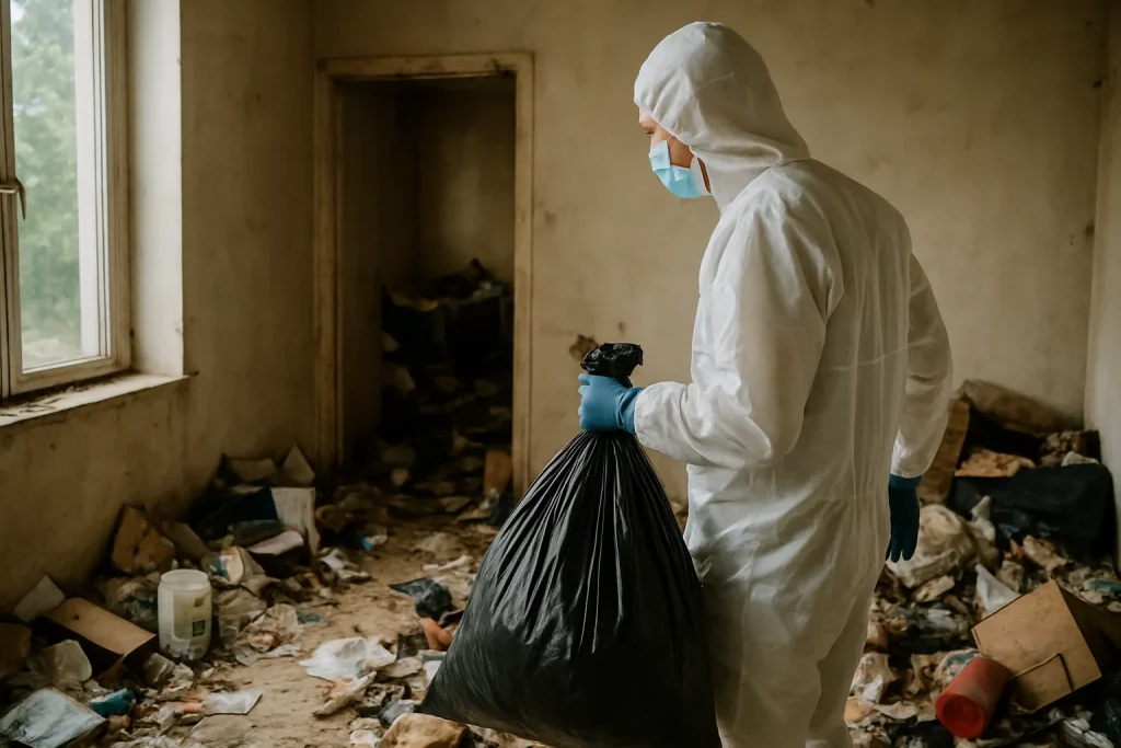 Équipe de nettoyage dans un appartement désordonné à Pougues-Les-Eaux, préparant des outils.