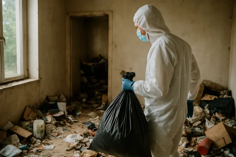 Équipe de nettoyage dans un appartement désordonné à Pougues-Les-Eaux, préparant des outils.