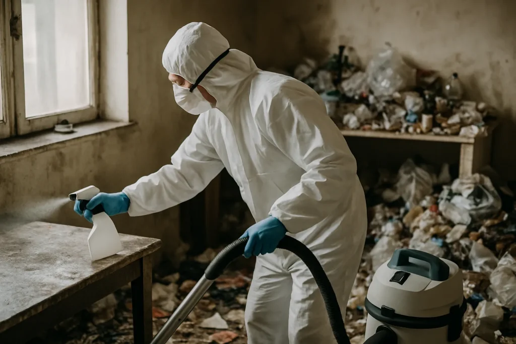 Un agent de nettoyage dans un appartement en désordre à Merlevenez, nettoyant des déchets.
