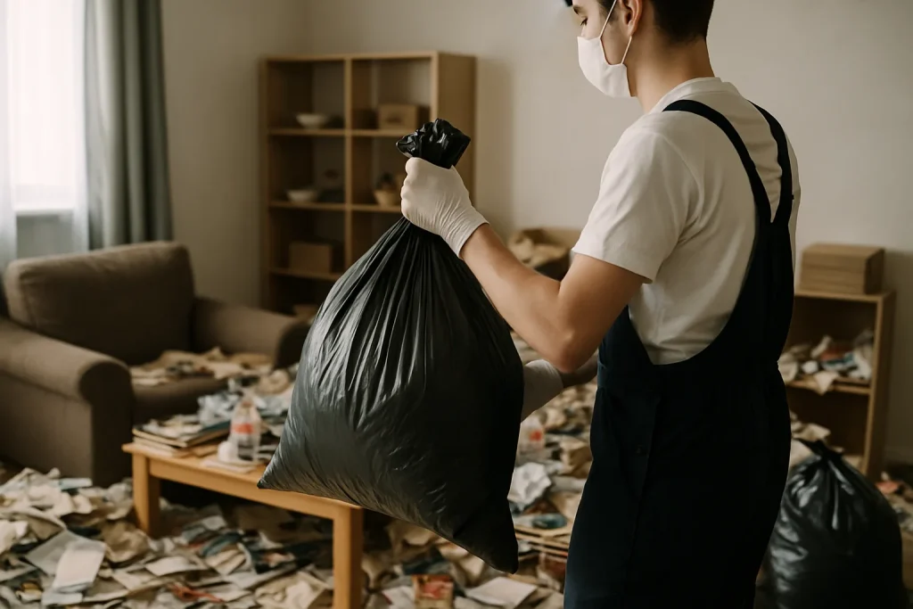 Un appartement en désordre avec de nombreux objets entassés, illustrant une situation de diogène.