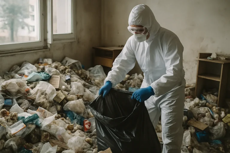 Travailleurs nettoyant un appartement en désordre à Le-Pont-De-Claix, triant des objets divers.
