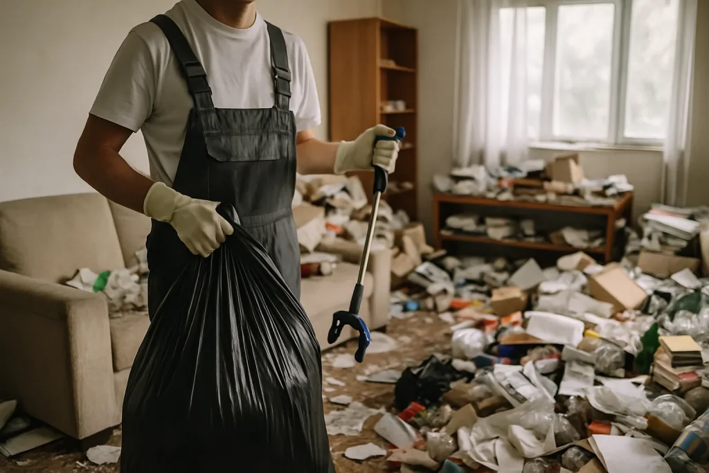Appartement en désordre à Saint-Ismier, avec déchets et objets éparpillés.