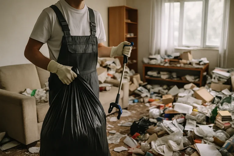 Appartement en désordre à Saint-Ismier, avec déchets et objets éparpillés.