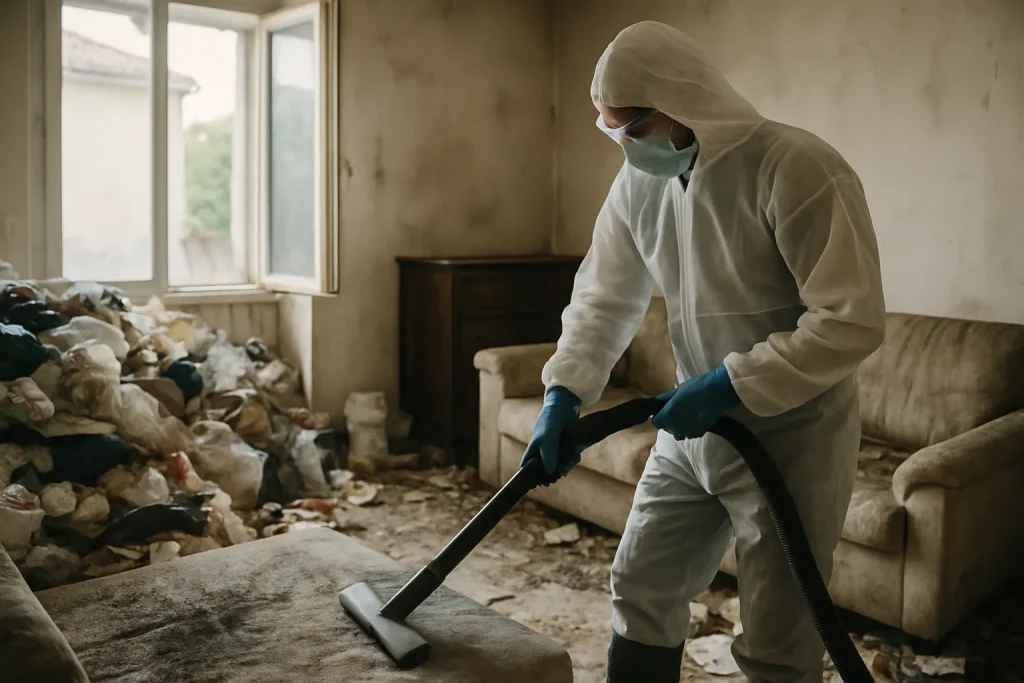 Un professionnel nettoie un appartement en désordre après une situation de diogène à Tresserre.