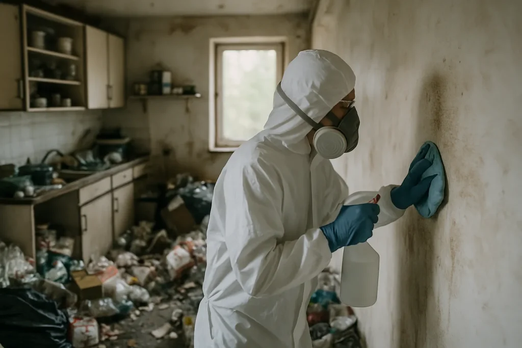 Équipe professionnelle nettoyant un appartement encombré à Gergy.