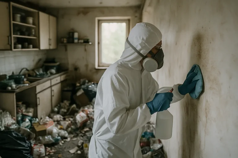 Équipe professionnelle nettoyant un appartement encombré à Gergy.