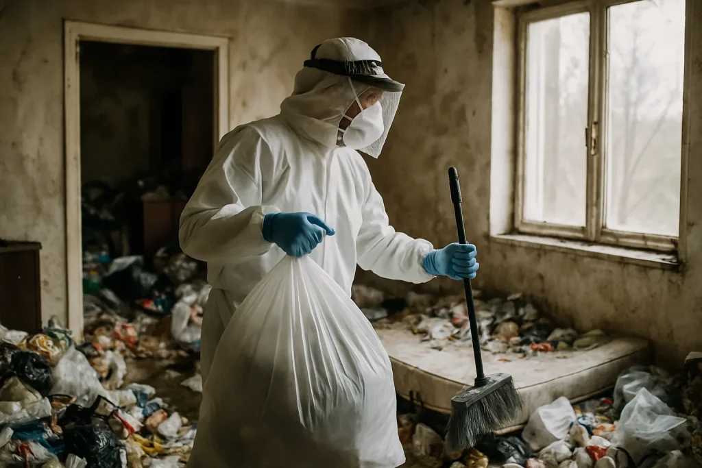 Équipe de nettoyage dans un appartement encombré à Creches-Sur-Saone, avec des déchets visibles.