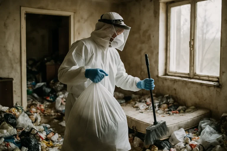 Équipe de nettoyage dans un appartement encombré à Creches-Sur-Saone, avec des déchets visibles.