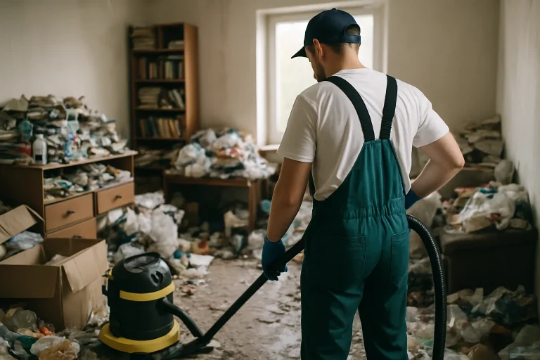 Intérieur d'une maison à Cellettes, encombré de déchets avant le nettoyage.