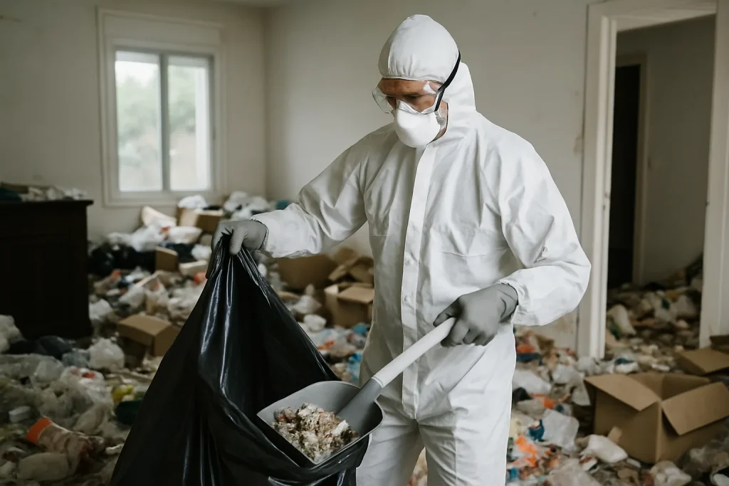 Appartement en désordre à Villebarou avant nettoyage, objets et déchets visibles.