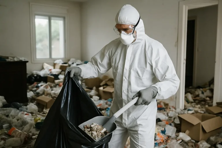 Appartement en désordre à Villebarou avant nettoyage, objets et déchets visibles.