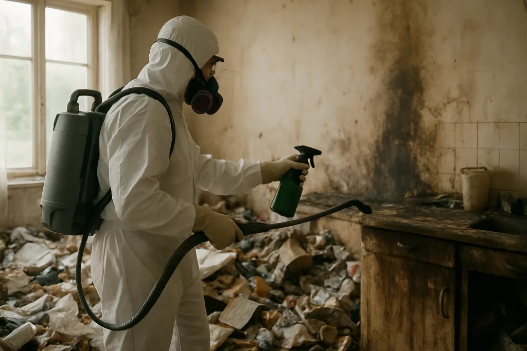 Professionnel nettoyant un appartement encombré à Vierzon