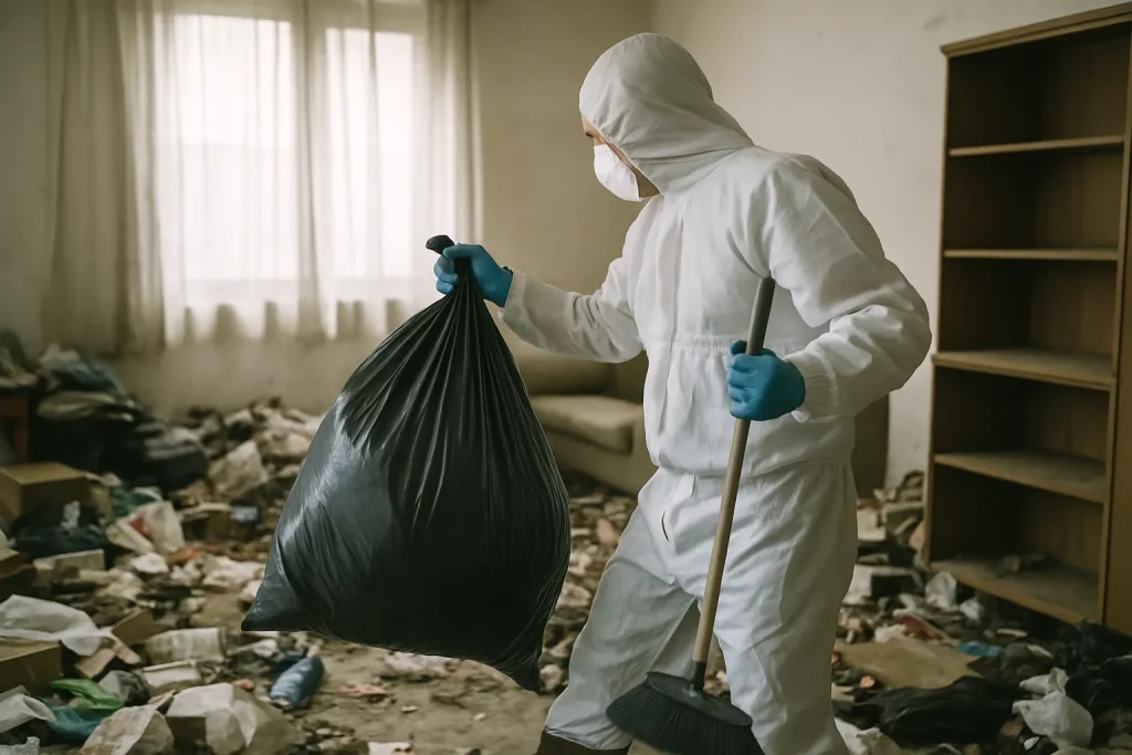 Un agent de nettoyage s'affaire à trier des objets dans un appartement à Balaze.
