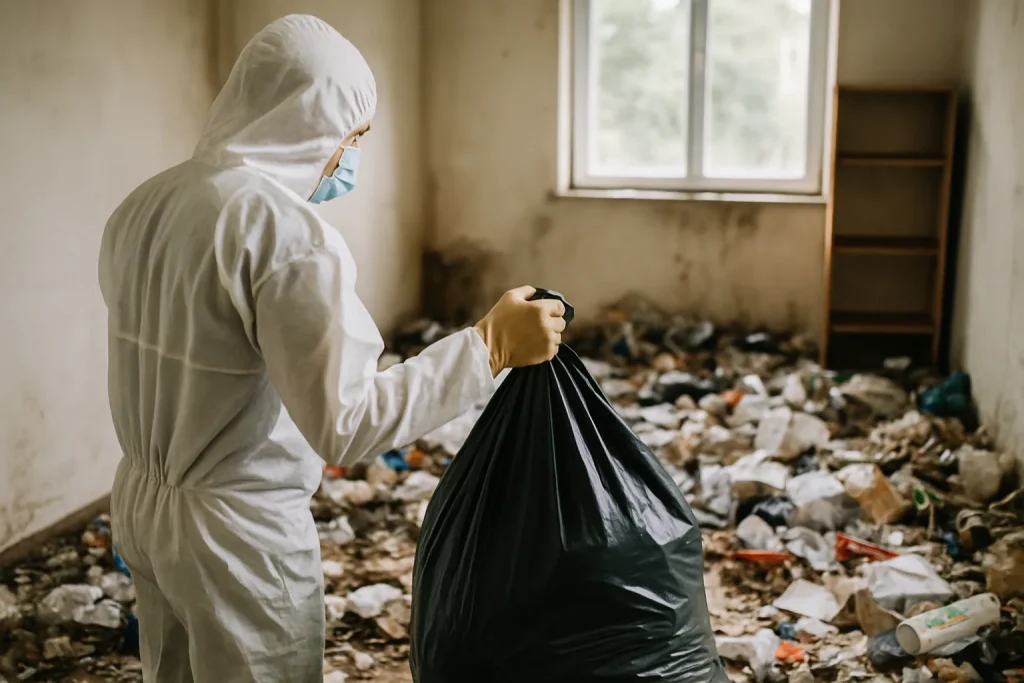 Professionnel nettoyant un appartement en désordre à Crach