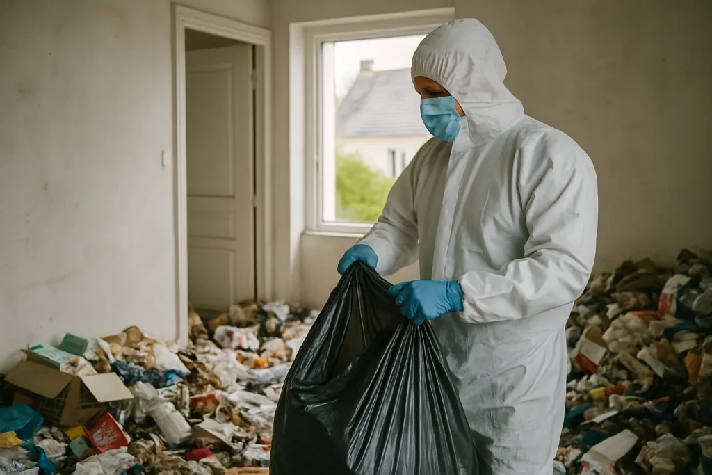 Professionnels nettoyant un appartement désordonné à Locmaria-Plouzane après syndrome de Diogène.