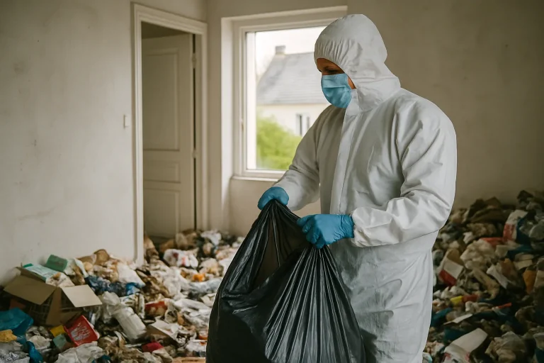 Professionnels nettoyant un appartement désordonné à Locmaria-Plouzane après syndrome de Diogène.