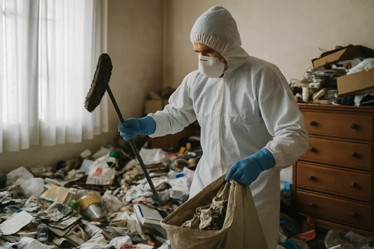 Agents de nettoyage en action dans un appartement à Baule, triant des objets.