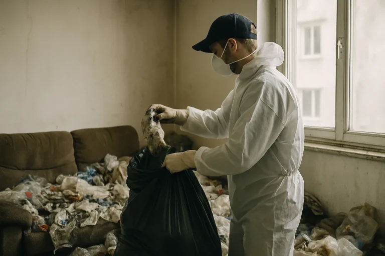 Appartement en désordre à Echirolles avec déchets et objets éparpillés.