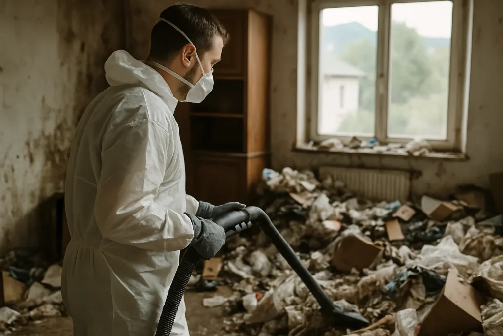 Travailleurs nettoyant un appartement en désordre à Montmelian, avec divers objets éparpillés.