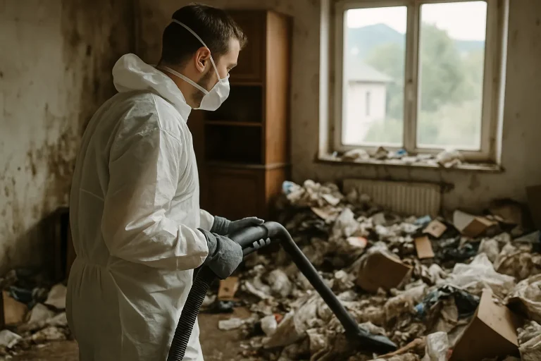 Travailleurs nettoyant un appartement en désordre à Montmelian, avec divers objets éparpillés.