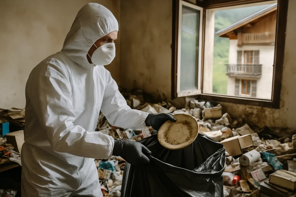 Un appartement en désordre à Saint-Martin-De-Belleville avec des déchets visibles.