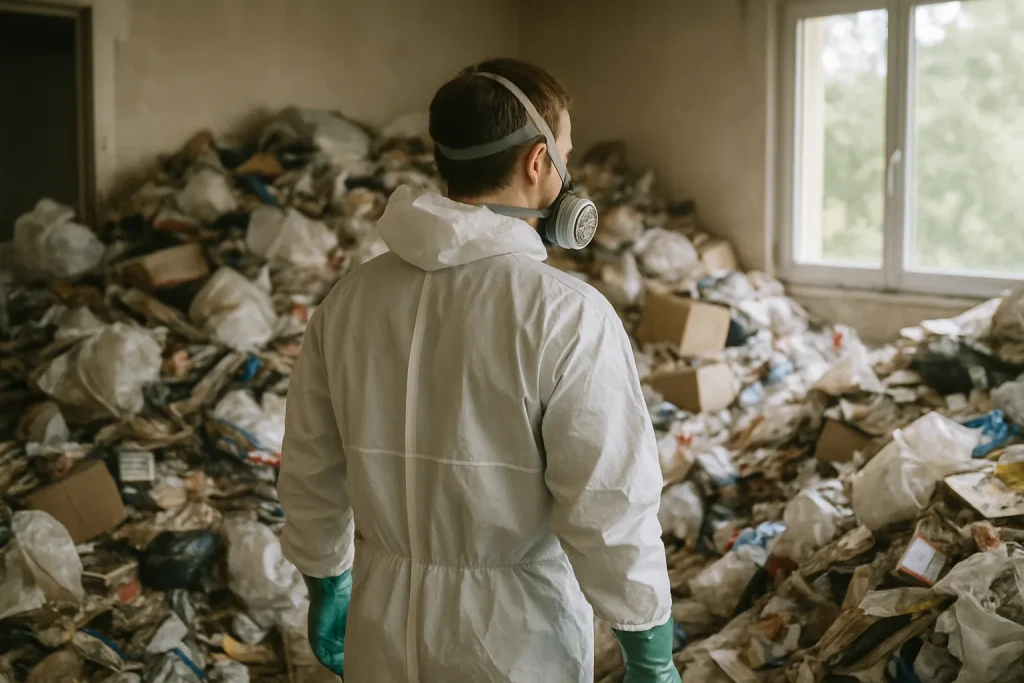 Maison en désordre avec des déchets à Saint-Romain-De-Jalionas, illustrant un besoin de nettoyage.