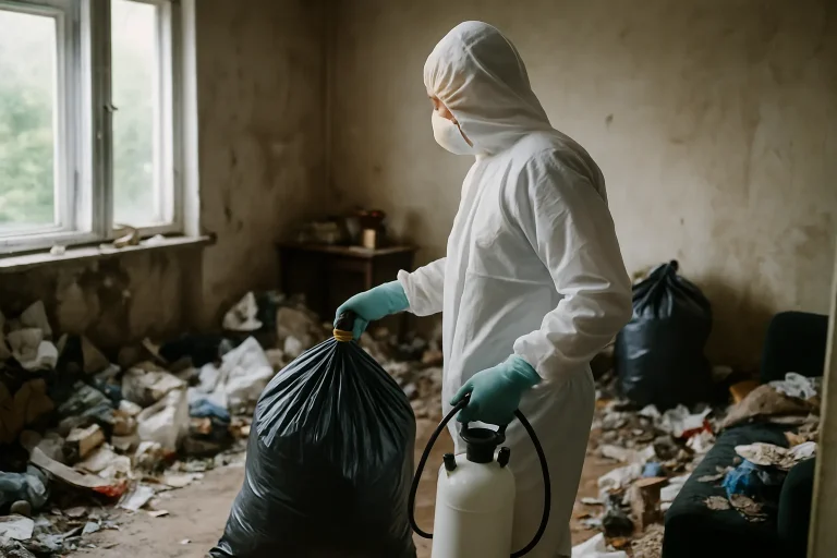 Vue d'un appartement à Audincourt avec des objets éparpillés et une forte accumulation de déchets.