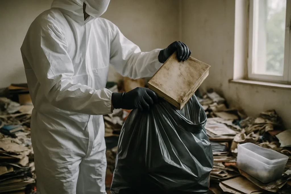 Vue d'un appartement à Premilhat avec des déchets à l'extérieur, illustrant le syndrome de diogène.