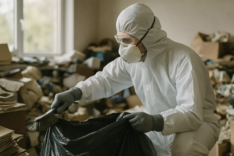 Professionnels nettoyeurs triant des objets dans un appartement encombré à Aydat.