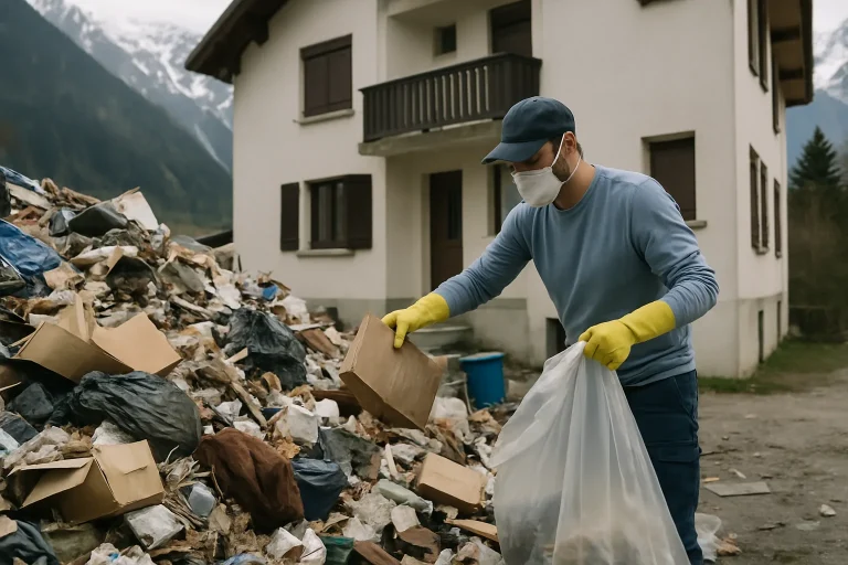Intérieur d'un appartement à Chamonix-Mont-Blanc en désordre, avec des objets éparpillés.