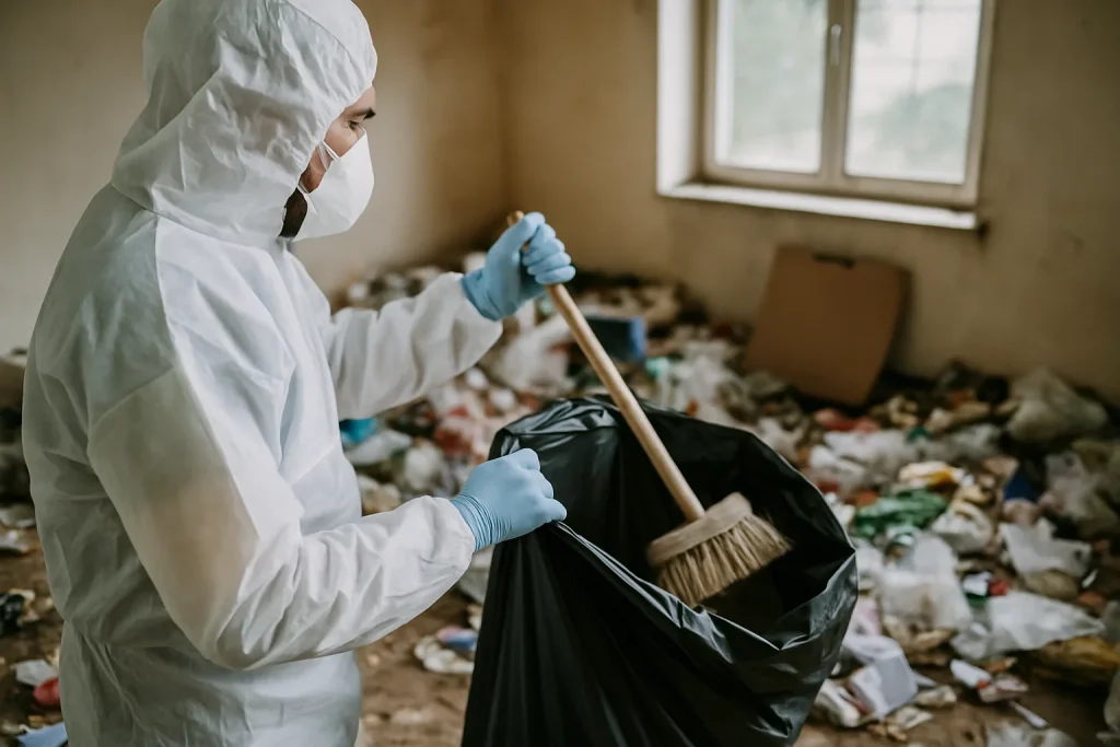 Un appartement à Lugrin rempli de déchets et d'objets éparpillés, illustrant une situation après diogène.