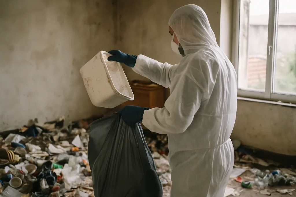 Intérieur d'un appartement en désordre, illustrant les défis d'un nettoyage après diogène.