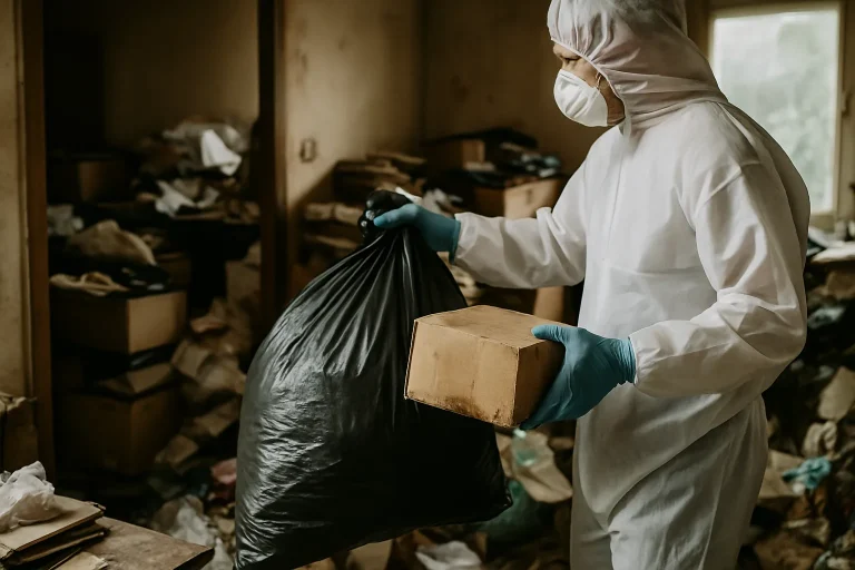 Nettoyage d'un appartement à Monts après syndrome de Diogène, avec un professionnel au travail.