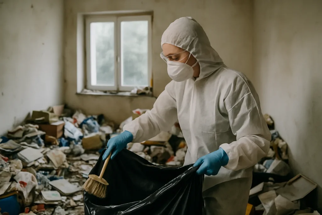 Appartement en désordre à Saint-Dolay avec des objets éparpillés et des déchets.