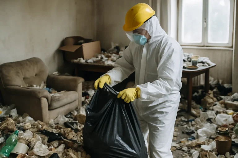 Appartement en désordre avec déchets, situation typique du syndrome de Diogène à Saint-Brice-En-Cogles.