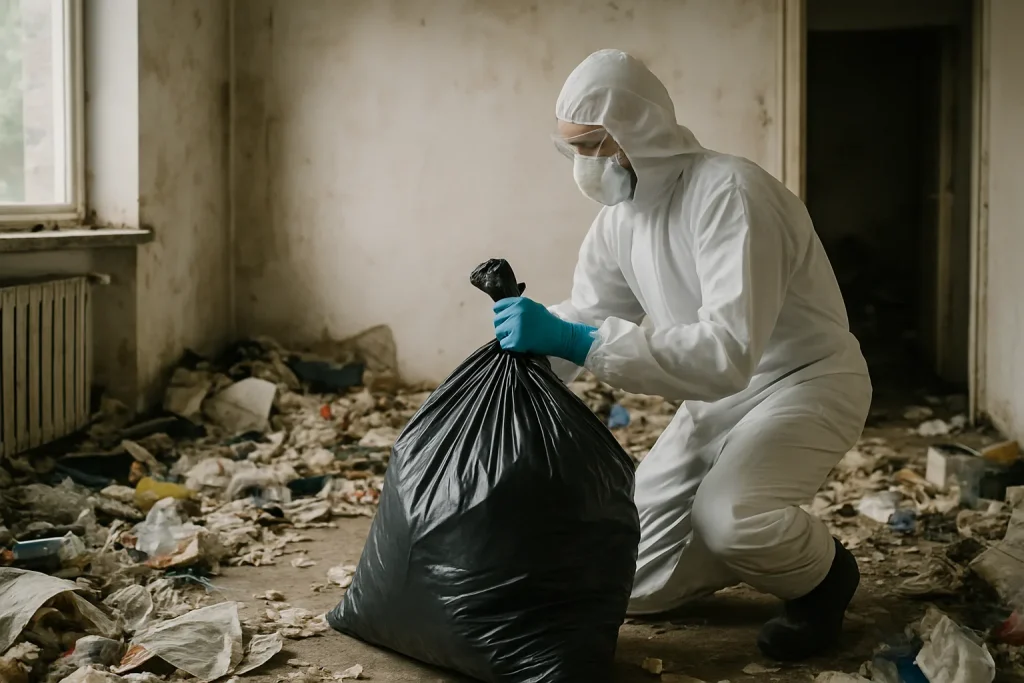Un appartement en désordre à Clohars-Carnoet, illustrant le nettoyage après syndrome de Diogène.