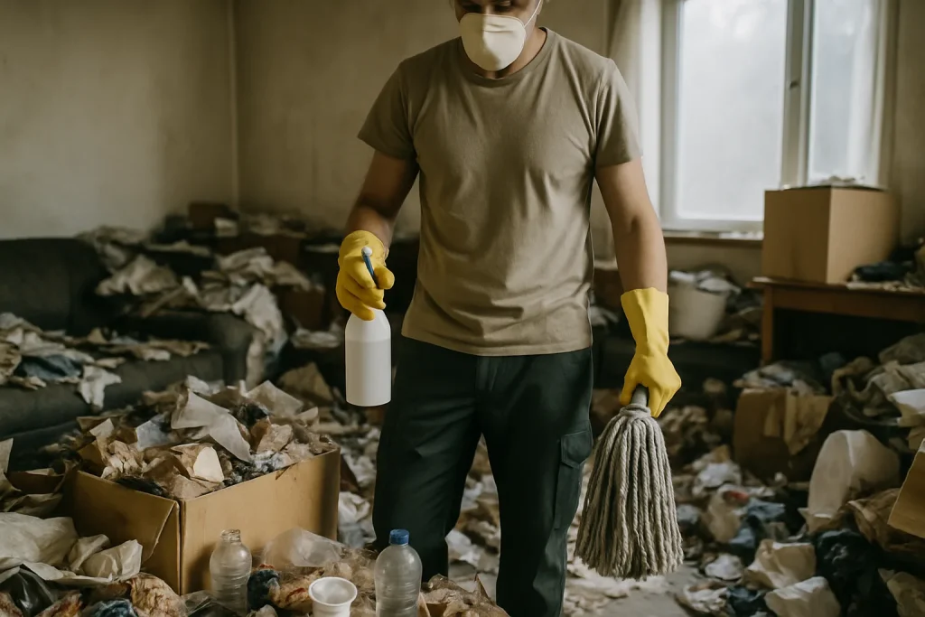 Intérieur d'une maison à Guer en désordre, illustrant le nettoyage après syndrome de Diogène.
