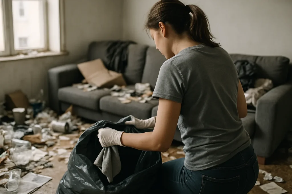 Intérieur d'un appartement en désordre avant nettoyage avec une partie propre.