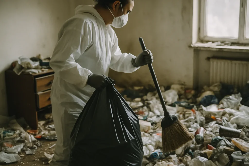 Appartement en désordre à Montelier avec déchets et objets éparpillés.