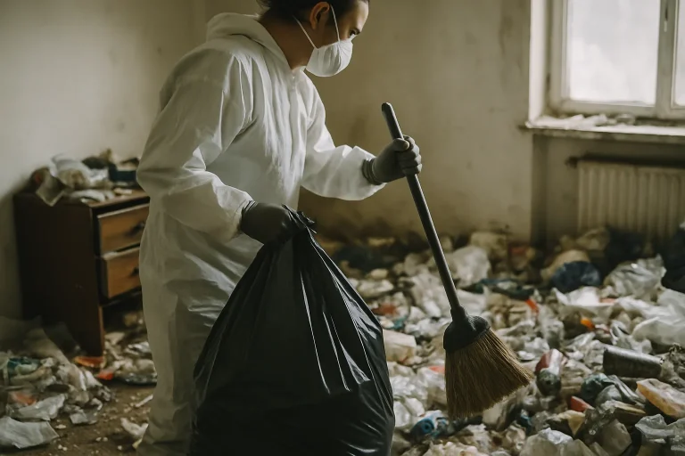 Appartement en désordre à Montelier avec déchets et objets éparpillés.