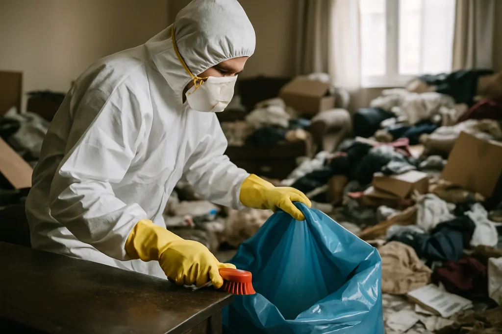 Intérieur d'un appartement à Saint-Pierre-De-Chandieu en désordre, avec des déchets éparpillés.